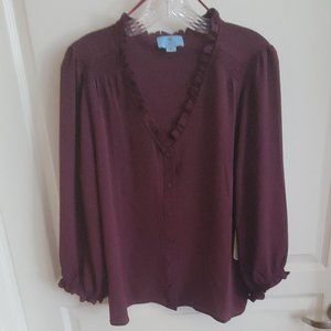 CeCe Burgandy / Maroon / Caberet Long Sleeve Blouse with Ruffles L NWT